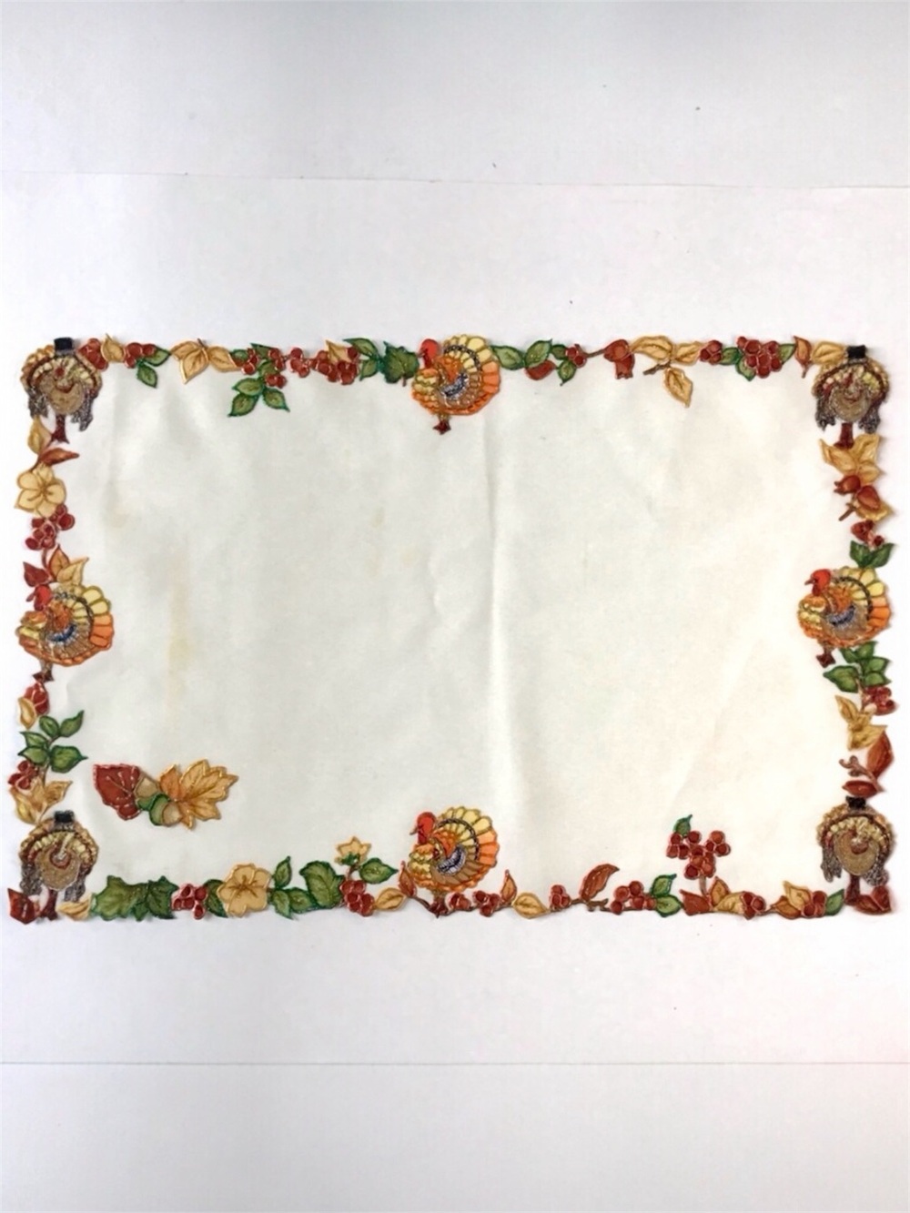 Vintage Thanksgiving Centerpiece Placemat Textured Cut-Out Edge Turkeys Leaves